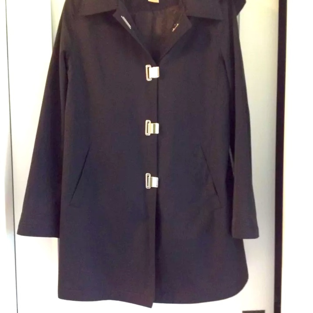 Michael Kors black water resistant rain jacket with stylish metal clasp closure